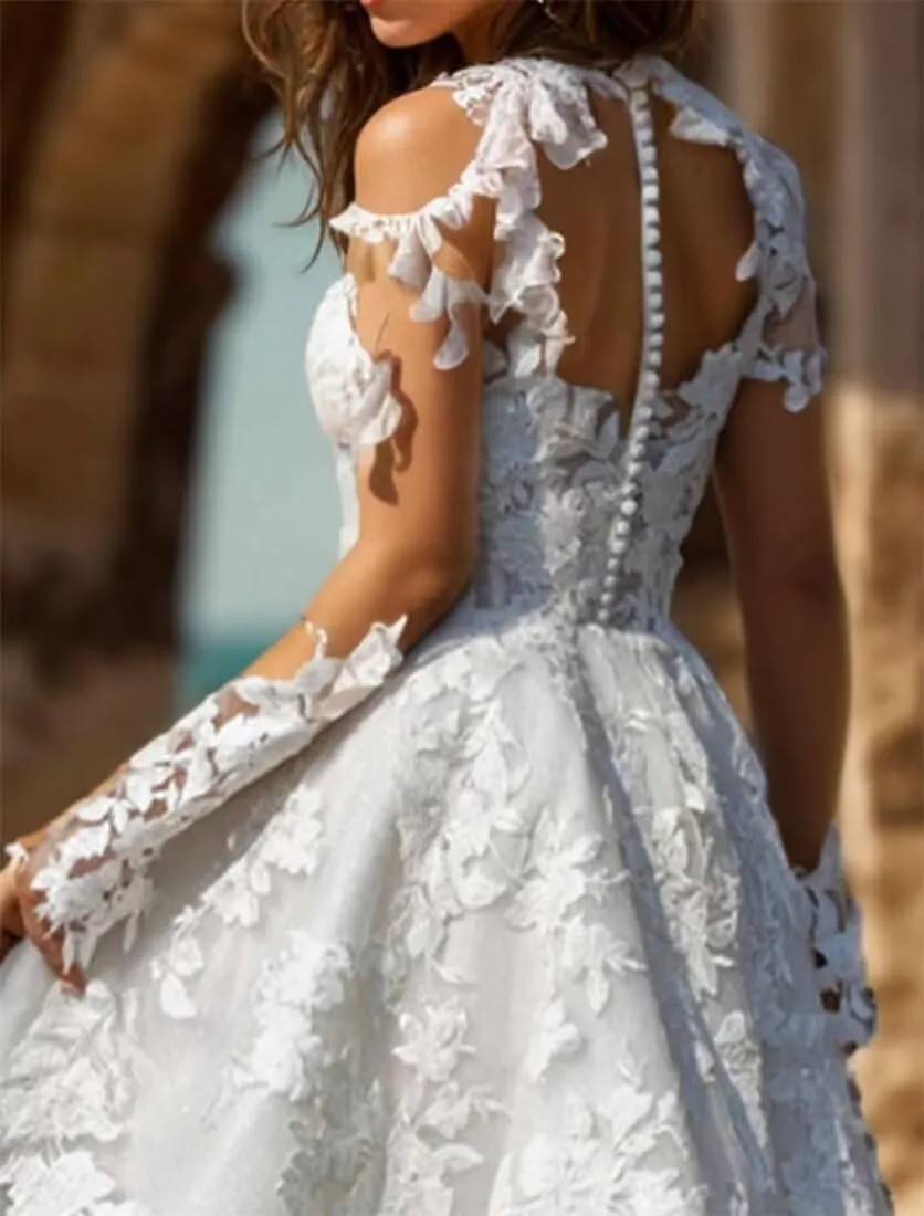 Short Wedding Dresses for Bride Boho Long Sleeve Lace Strapless Tulle Mini Tight Bridal Dress for Bride
