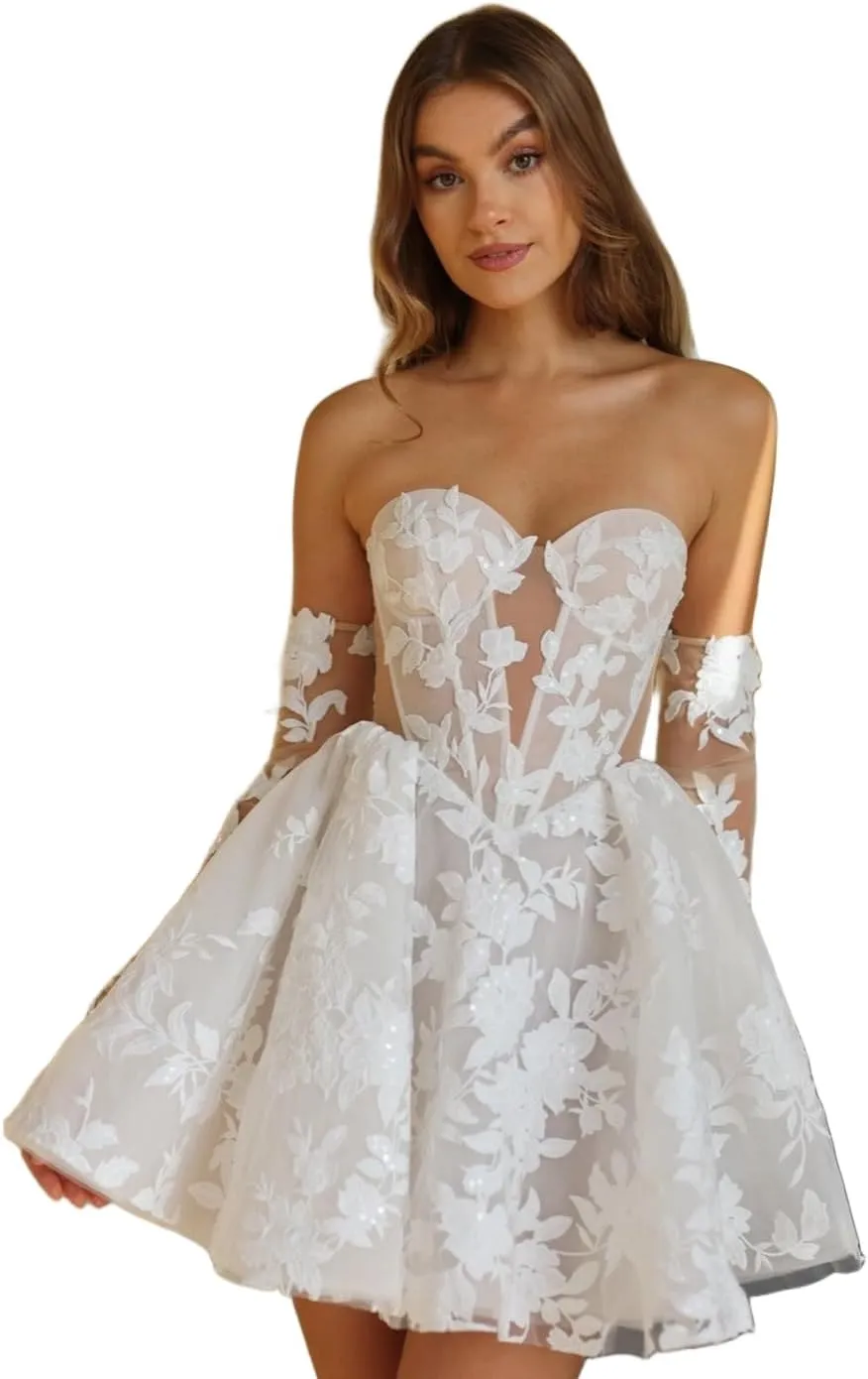 Short Wedding Dresses for Bride Boho Long Sleeve Lace Strapless Tulle Mini Tight Bridal Dress for Bride