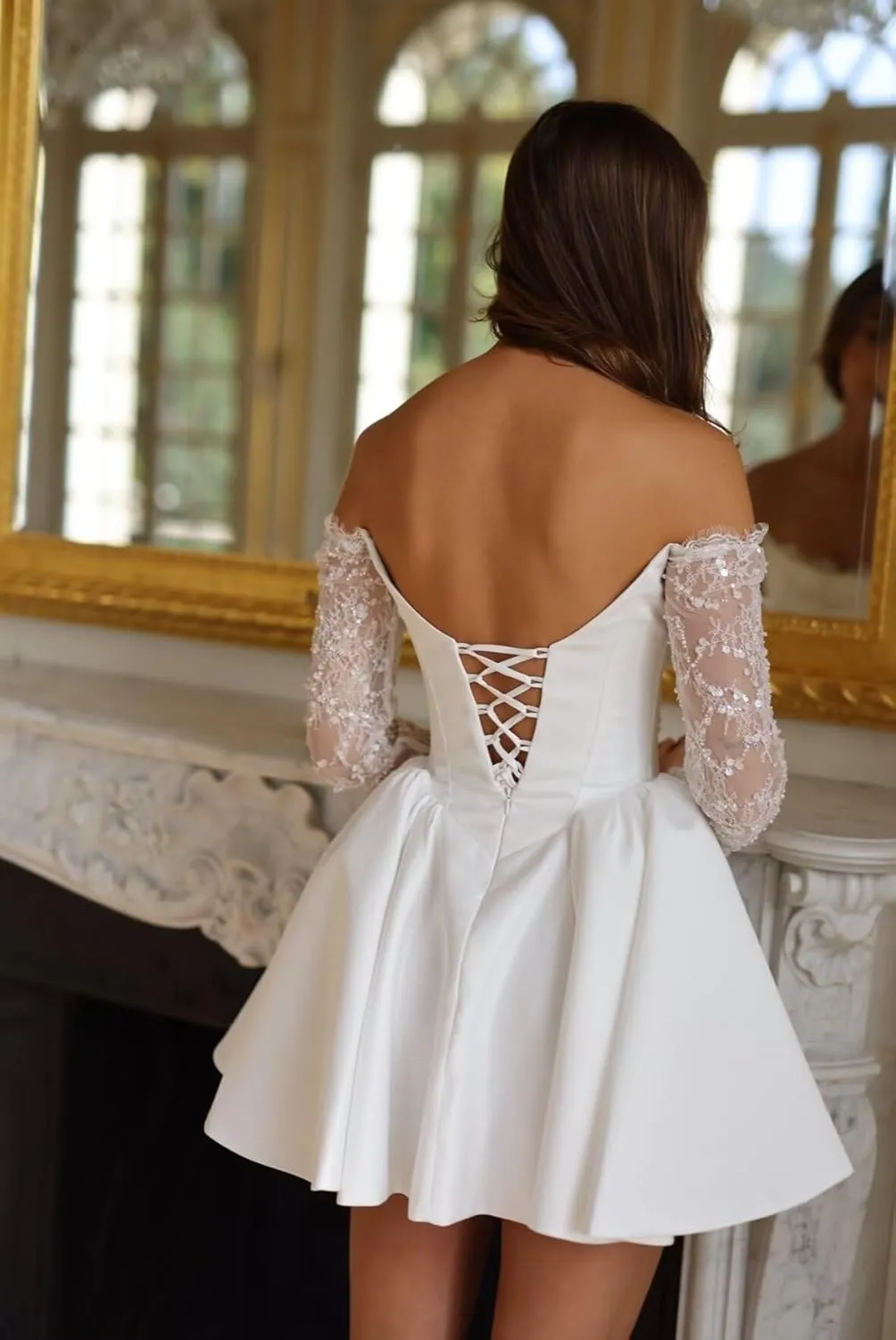 Short Wedding Dresses for Bride Boho Long Sleeve Lace Strapless Tulle Mini Tight Bridal Dress for Bride