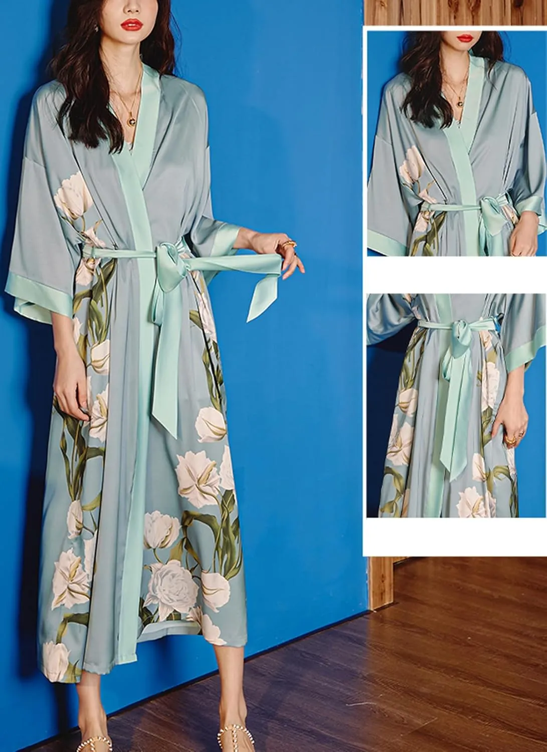 Silk Satin Robe for Women Long Japanese Kimono Robe Lightweight Soft Bathrobe Summer Luxury Dressing Gown