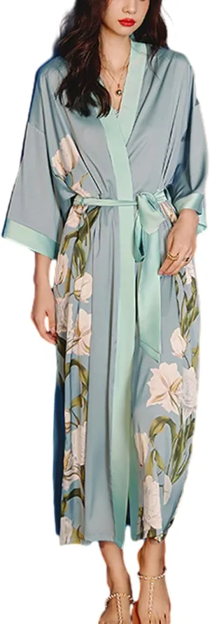 Silk Satin Robe for Women Long Japanese Kimono Robe Lightweight Soft Bathrobe Summer Luxury Dressing Gown