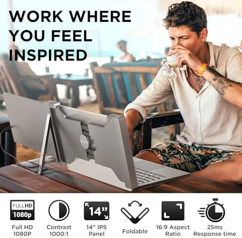 Silver 14" Portable Monitor for Laptops – Dual Screen Extender for 14"-17.3" Displays with USB-C, USB-A, and HDMI, FHD 1080P IPS – Plug & Play for Laptops, Switch, Xbox