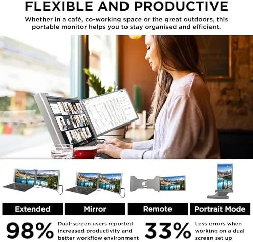 Silver 14" Portable Monitor for Laptops – Dual Screen Extender for 14"-17.3" Displays with USB-C, USB-A, and HDMI, FHD 1080P IPS – Plug & Play for Laptops, Switch, Xbox