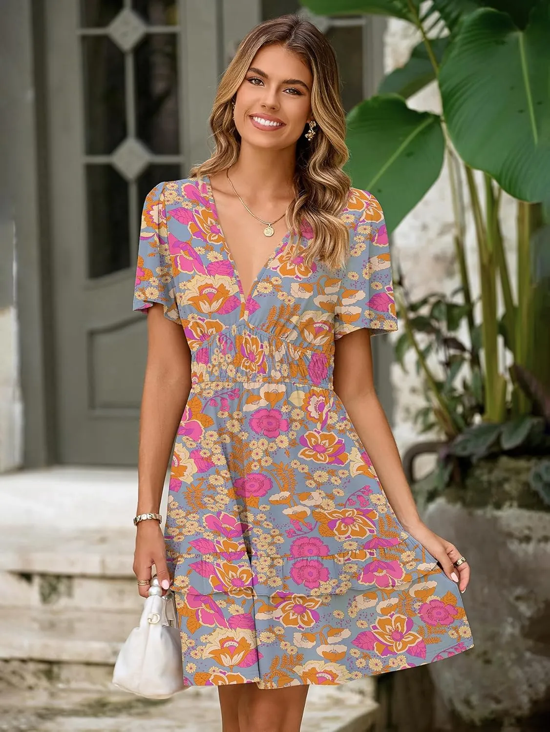 Simplee Womens Floral Mini Dress - Summer Casual Boho V Neck A-Line Empire Waist Vacation Beach Sundress