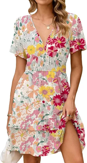 Simplee Womens Floral Mini Dress - Summer Casual Boho V Neck A-Line Empire Waist Vacation Beach Sundress