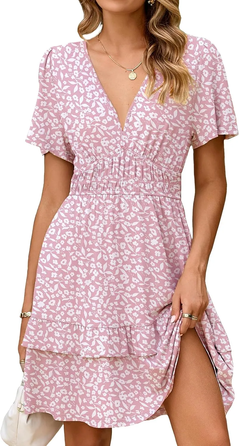 Simplee Womens Floral Mini Dress - Summer Casual Boho V Neck A-Line Empire Waist Vacation Beach Sundress