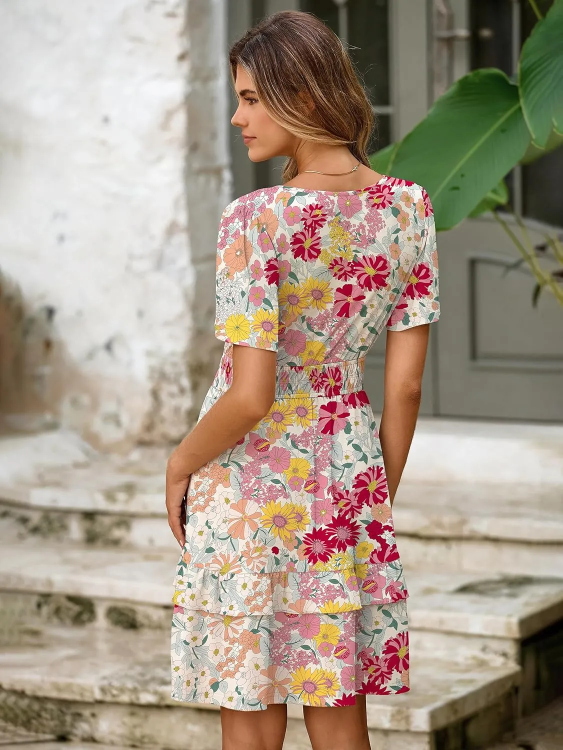 Simplee Womens Floral Mini Dress - Summer Casual Boho V Neck A-Line Empire Waist Vacation Beach Sundress