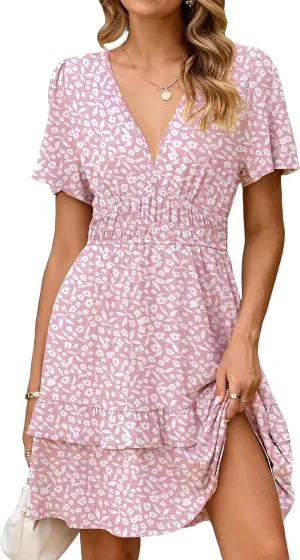 Simplee Womens Floral Mini Dress - Summer Casual Boho V Neck A-Line Empire Waist Vacation Beach Sundress
