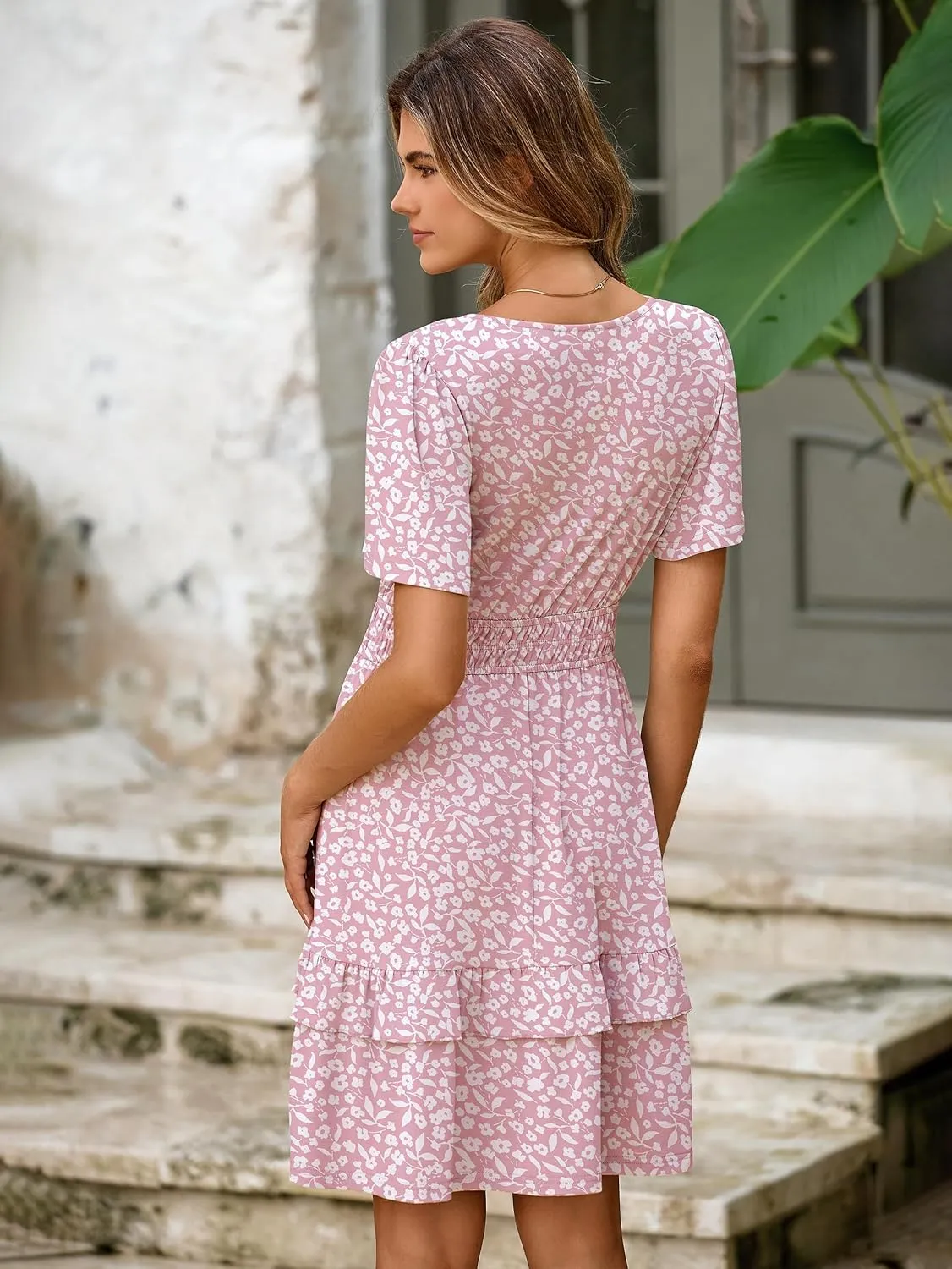 Simplee Womens Floral Mini Dress - Summer Casual Boho V Neck A-Line Empire Waist Vacation Beach Sundress