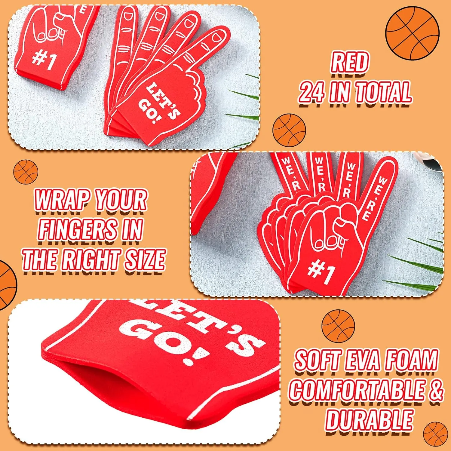 Sinmoe 24 Pcs Mini Foam Finger Baseball Fan Mini Foam Finger, We're #1 Sports Themed Party Supplies for Baseball Hockey Football Basketball Events Team Gifts(Red)