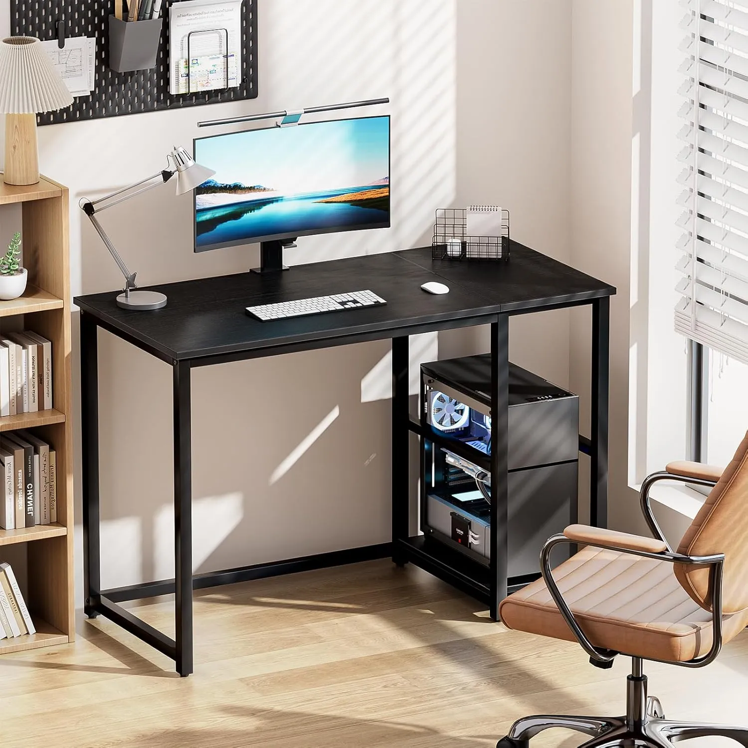 SINPAID Computer Desk 40 inches with 2-Tier Shelves Sturdy Home Office Desk with Large Storage Space Modern Gaming Desk Study Writing Laptop Table, Black Desk