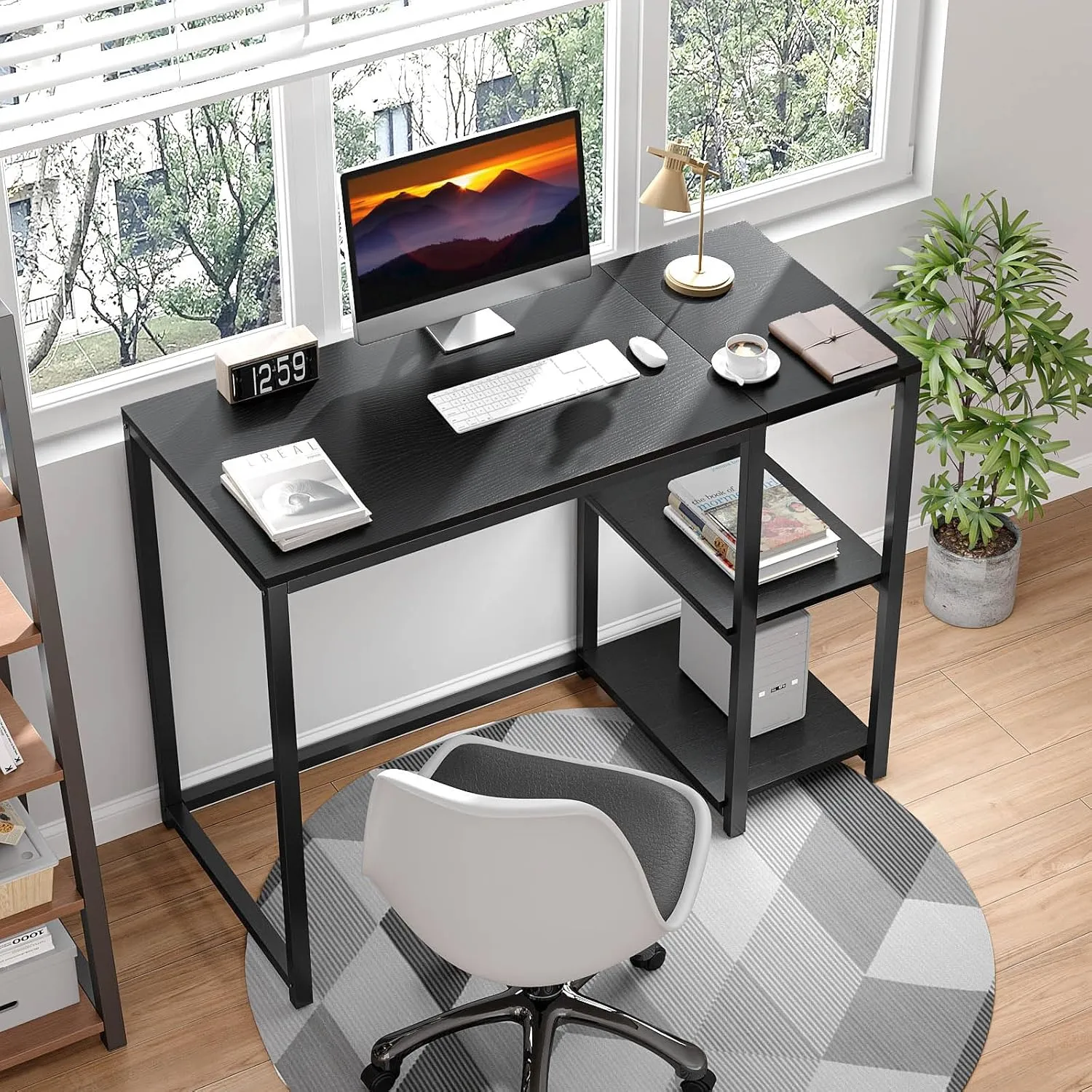 SINPAID Computer Desk 40 inches with 2-Tier Shelves Sturdy Home Office Desk with Large Storage Space Modern Gaming Desk Study Writing Laptop Table, Black Desk