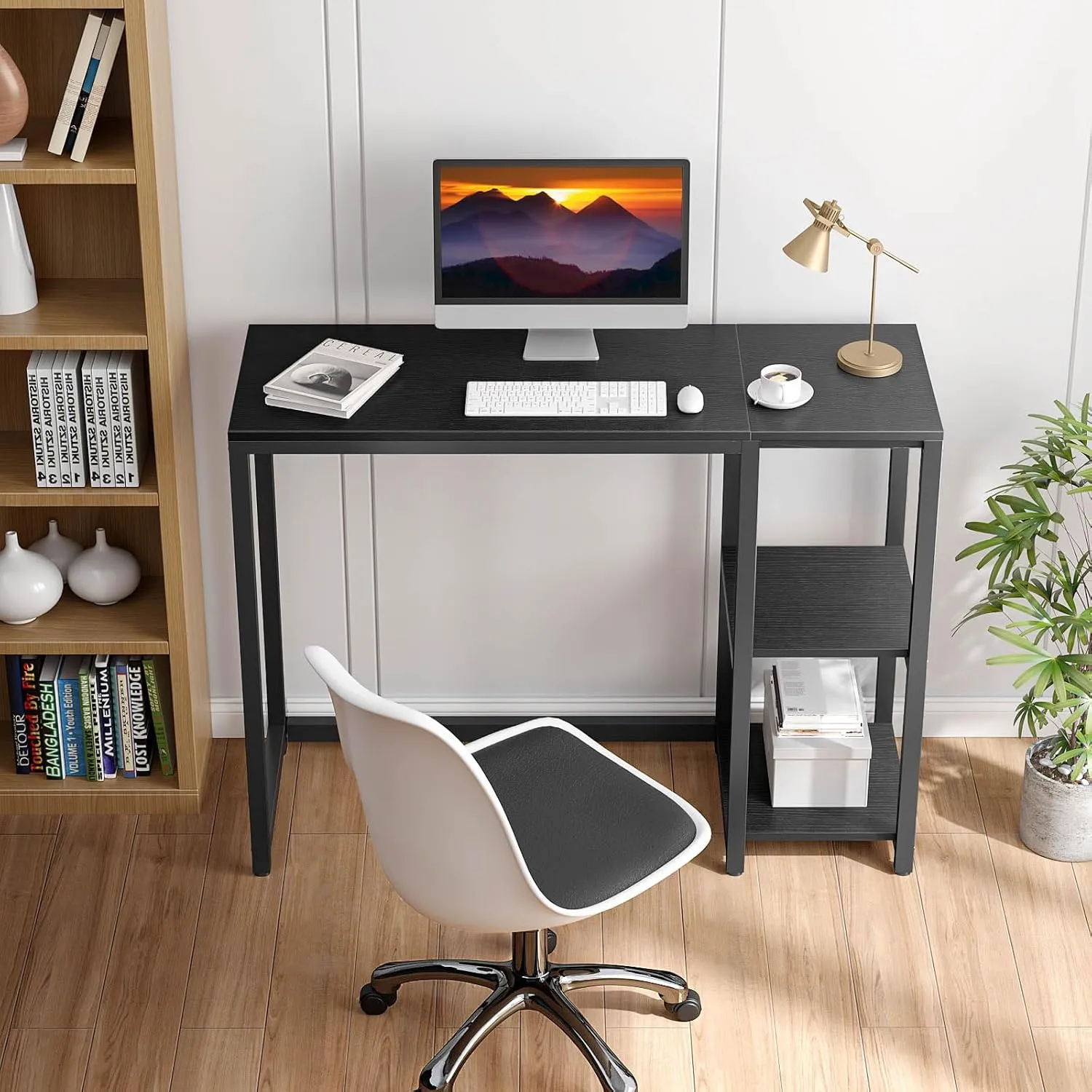 SINPAID Computer Desk 40 inches with 2-Tier Shelves Sturdy Home Office Desk with Large Storage Space Modern Gaming Desk Study Writing Laptop Table, Black Desk