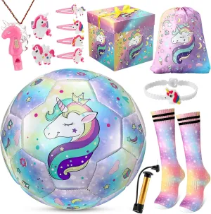 Size 3 Soccer Ball Set for Boys and Girls, Size 3 Cartoon Soccer Ball Gifts with Pump Drawstring Bag Costume Accessories for Kids Birthday Sport Party Favors(Colorful Unicorn)