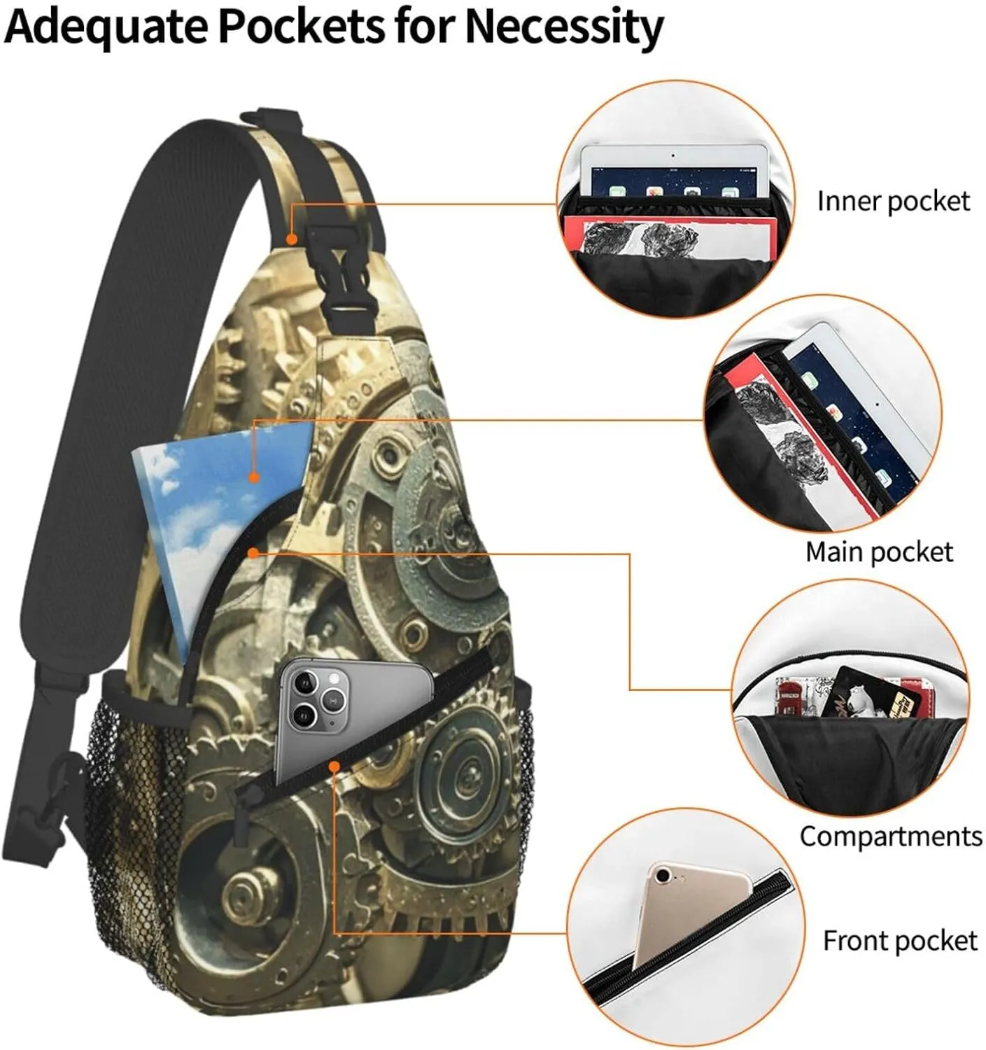 Sling Bag for Men Women Crossbody Backpack Steampunk Mechanical Gears Crossbody Bag Chest Bag for Travel Sport