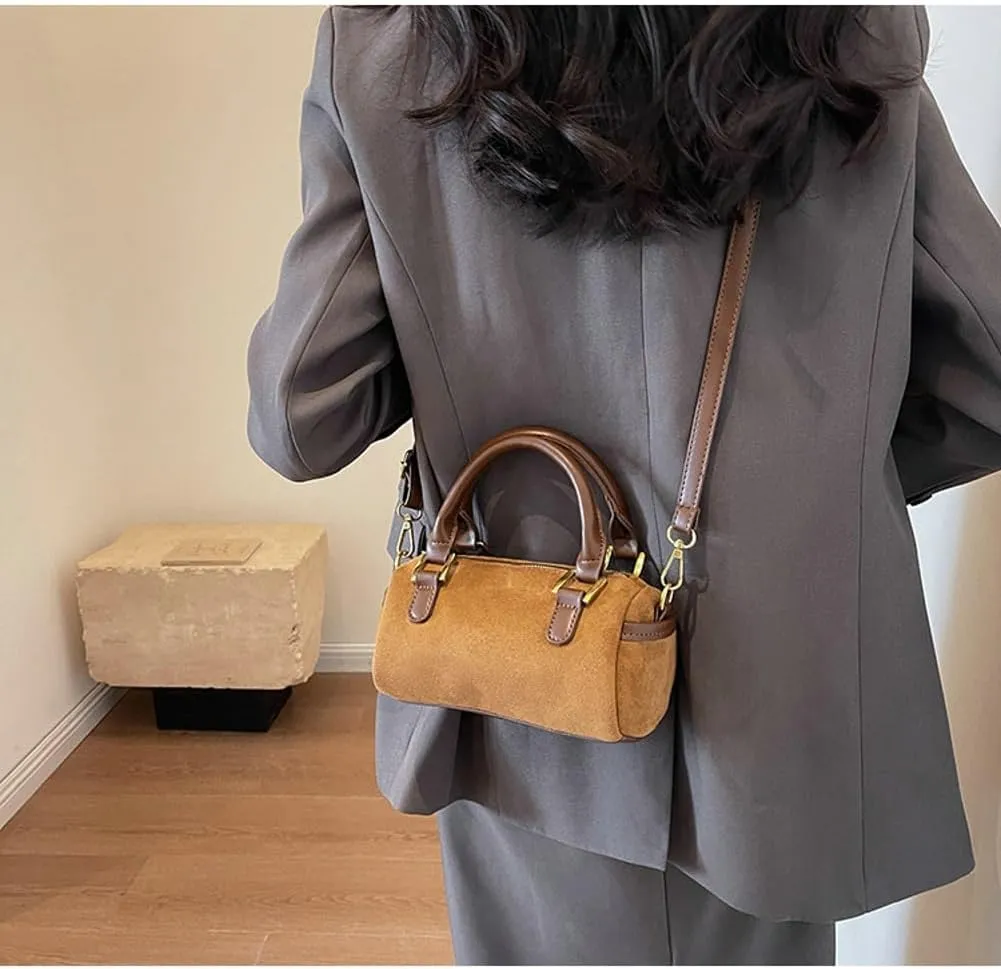 Slouchy Suede Boston Barrel Bag Women Corduroy Boho Satchels Shoulder Bag Crossbody Purse Mini Top-handle Tote Handbag