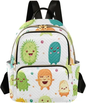 Small Backpack Purse for Women, Colorful Cartoon Bacterial Travel Bag Casual Daypack Shoulder Bag