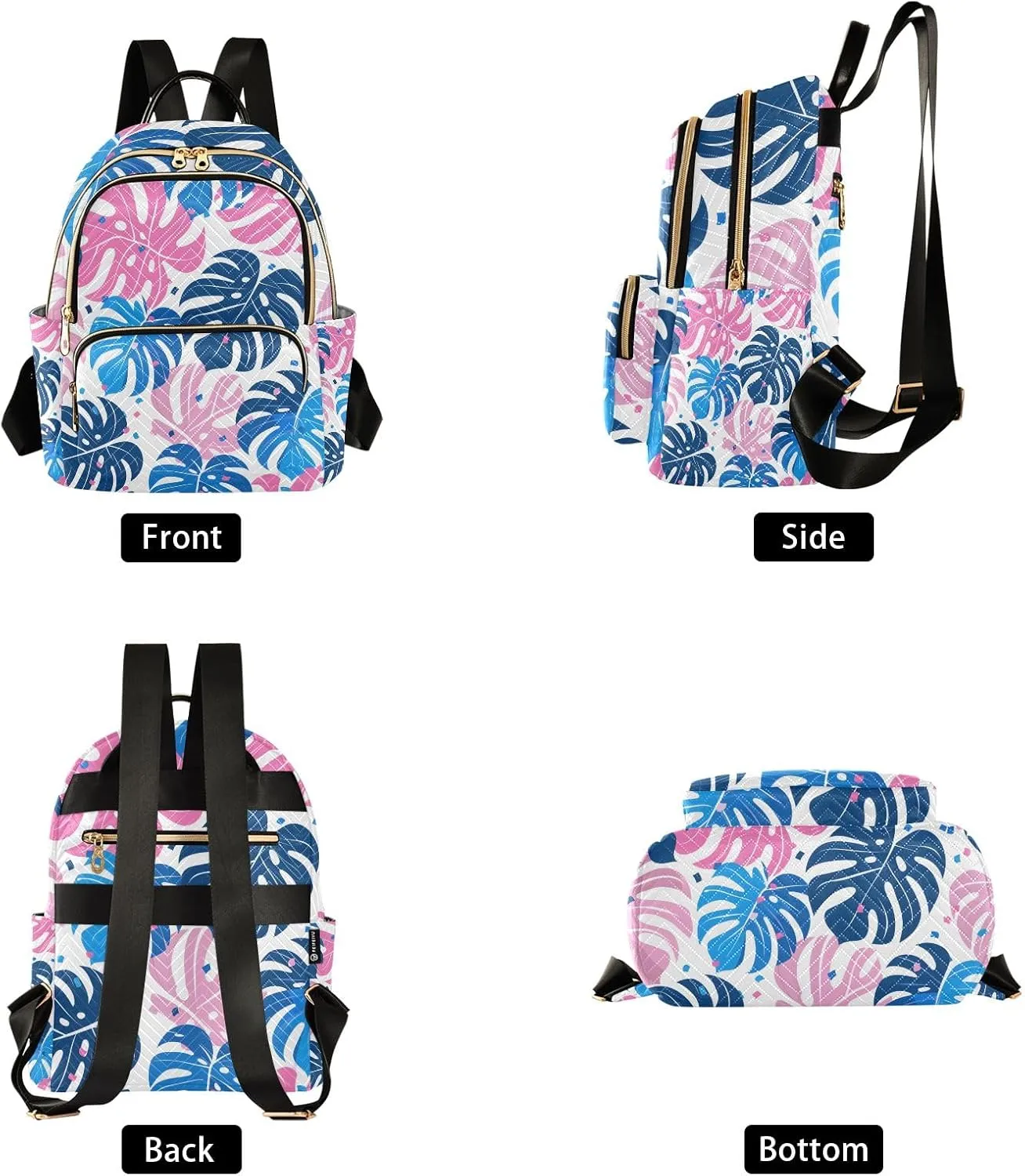 Small Backpack Purse for Women, Cute Blue Pink Exotic Monstera Leaves Travel Bag Casual Daypack Shoulder Bag