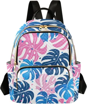 Small Backpack Purse for Women, Cute Blue Pink Exotic Monstera Leaves Travel Bag Casual Daypack Shoulder Bag