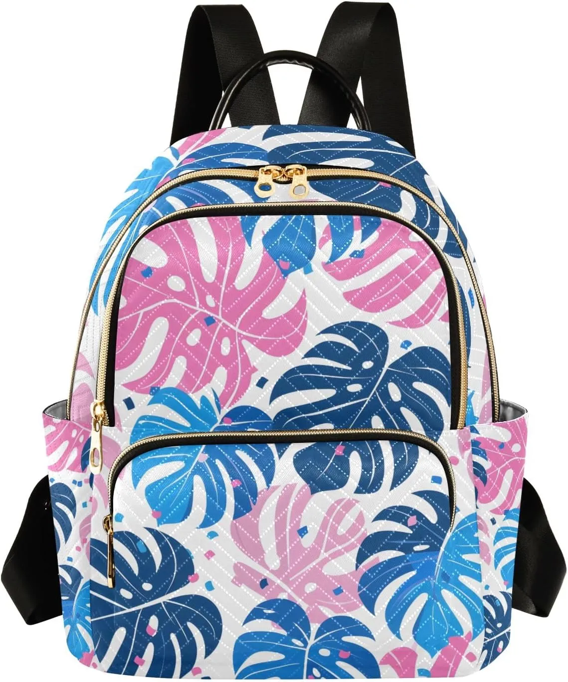 Small Backpack Purse for Women, Cute Blue Pink Exotic Monstera Leaves Travel Bag Casual Daypack Shoulder Bag