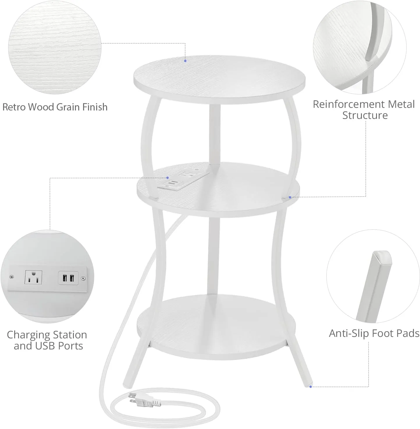 Small Round Side Table with Charging Station, 3-Tier Waist Circular End Table with Storage Shelf, Compact Tea Sofa Side Table Small Spaces, Round Corner Coffee Table for Living Room Bedroon,White