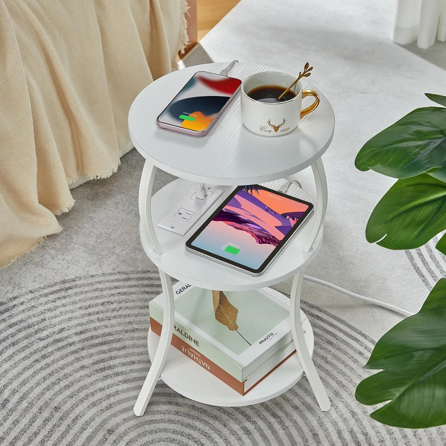 Small Round Side Table with Charging Station, 3-Tier Waist Circular End Table with Storage Shelf, Compact Tea Sofa Side Table Small Spaces, Round Corner Coffee Table for Living Room Bedroon,White