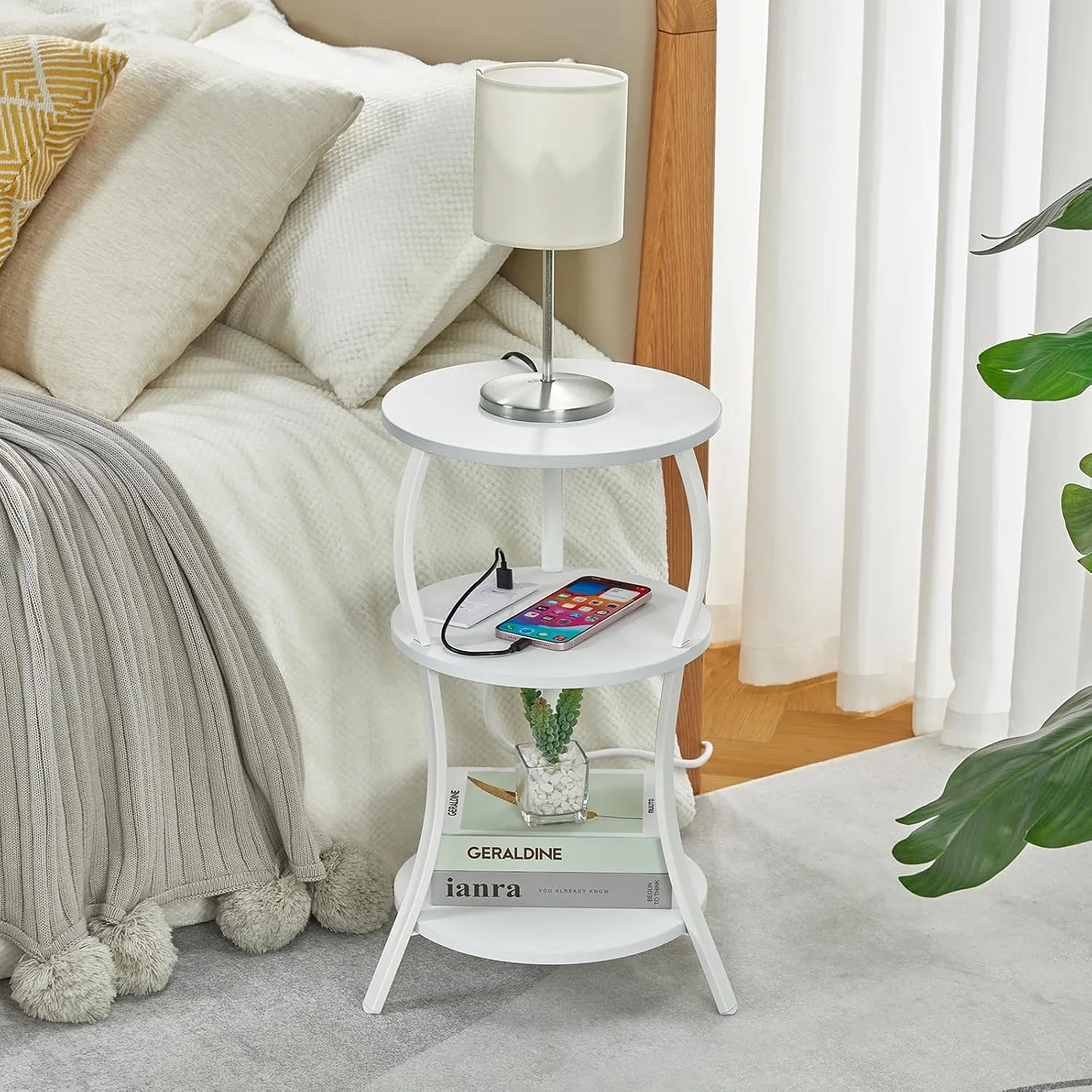 Small Round Side Table with Charging Station, 3-Tier Waist Circular End Table with Storage Shelf, Compact Tea Sofa Side Table Small Spaces, Round Corner Coffee Table for Living Room Bedroon,White