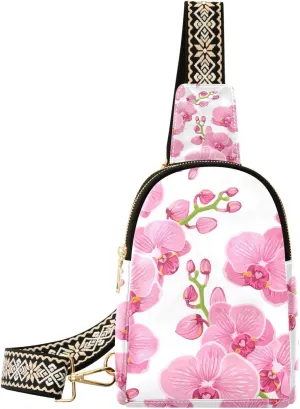 Small Sling Bag Exotic Pink Orchid Phalaenopsis Flowers Crossbody Bag PU Leather Sling Purse for Women