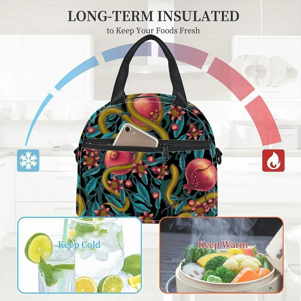 Snakes entwining pomegranates hand drawn Tropical exotic fruits red Insulated Adult Lunch Bag with Shoulder Strap for Women Lightweight Reusable Portable Freezable Lunch Tote Bag for Work Picnic