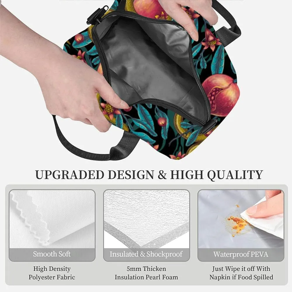 Snakes entwining pomegranates hand drawn Tropical exotic fruits red Insulated Adult Lunch Bag with Shoulder Strap for Women Lightweight Reusable Portable Freezable Lunch Tote Bag for Work Picnic