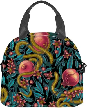 Snakes entwining pomegranates hand drawn Tropical exotic fruits red Insulated Adult Lunch Bag with Shoulder Strap for Women Lightweight Reusable Portable Freezable Lunch Tote Bag for Work Picnic