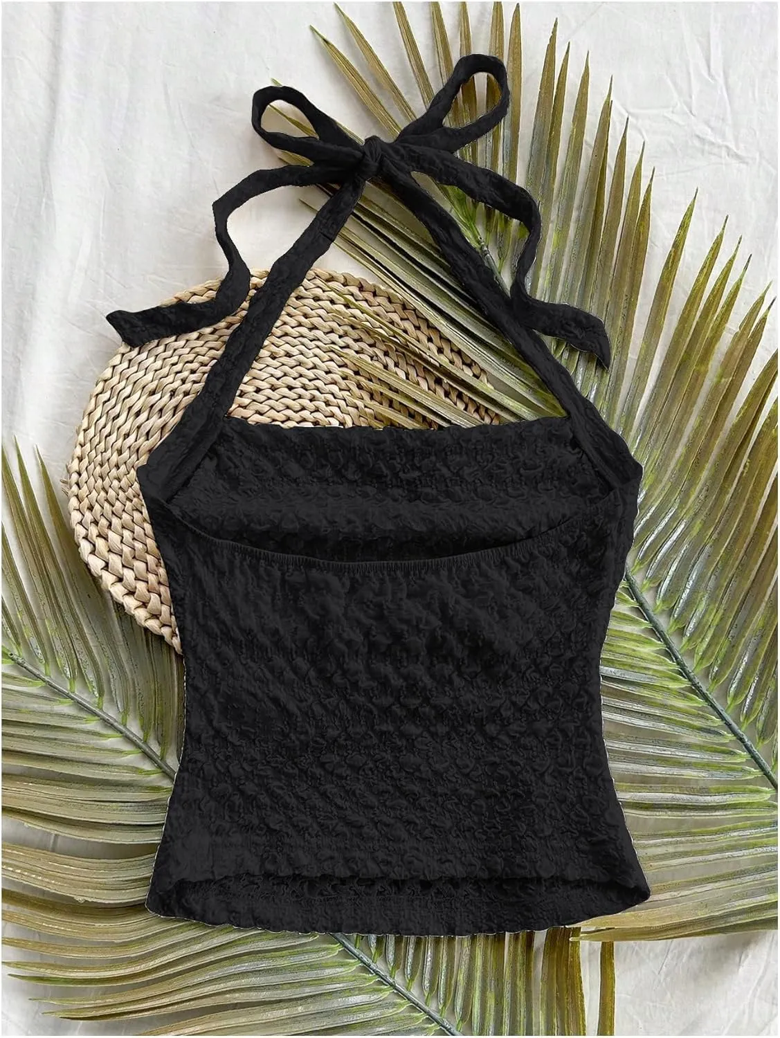 SOLY HUX Women's Halter Top Tie Back Textured Going Out Concert Beach Vacation Crop Tops Summer Sleeveless Camisole