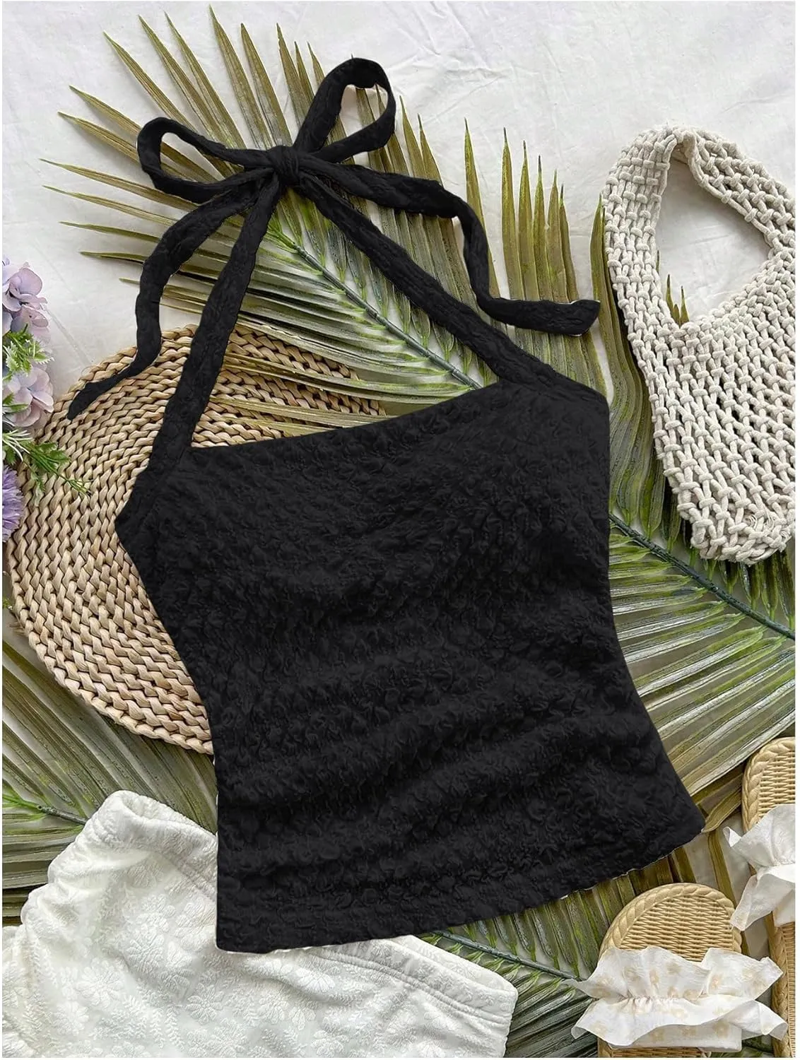 SOLY HUX Women's Halter Top Tie Back Textured Going Out Concert Beach Vacation Crop Tops Summer Sleeveless Camisole