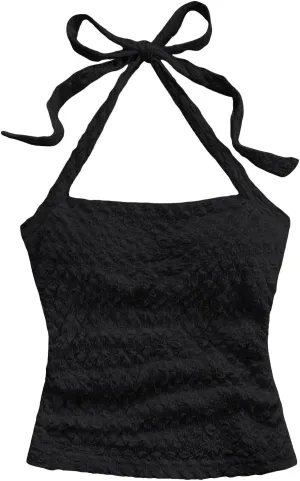 SOLY HUX Women's Halter Top Tie Back Textured Going Out Concert Beach Vacation Crop Tops Summer Sleeveless Camisole