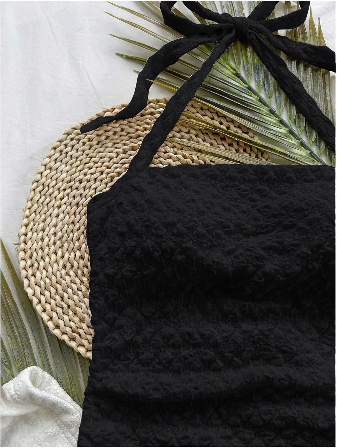 SOLY HUX Women's Halter Top Tie Back Textured Going Out Concert Beach Vacation Crop Tops Summer Sleeveless Camisole