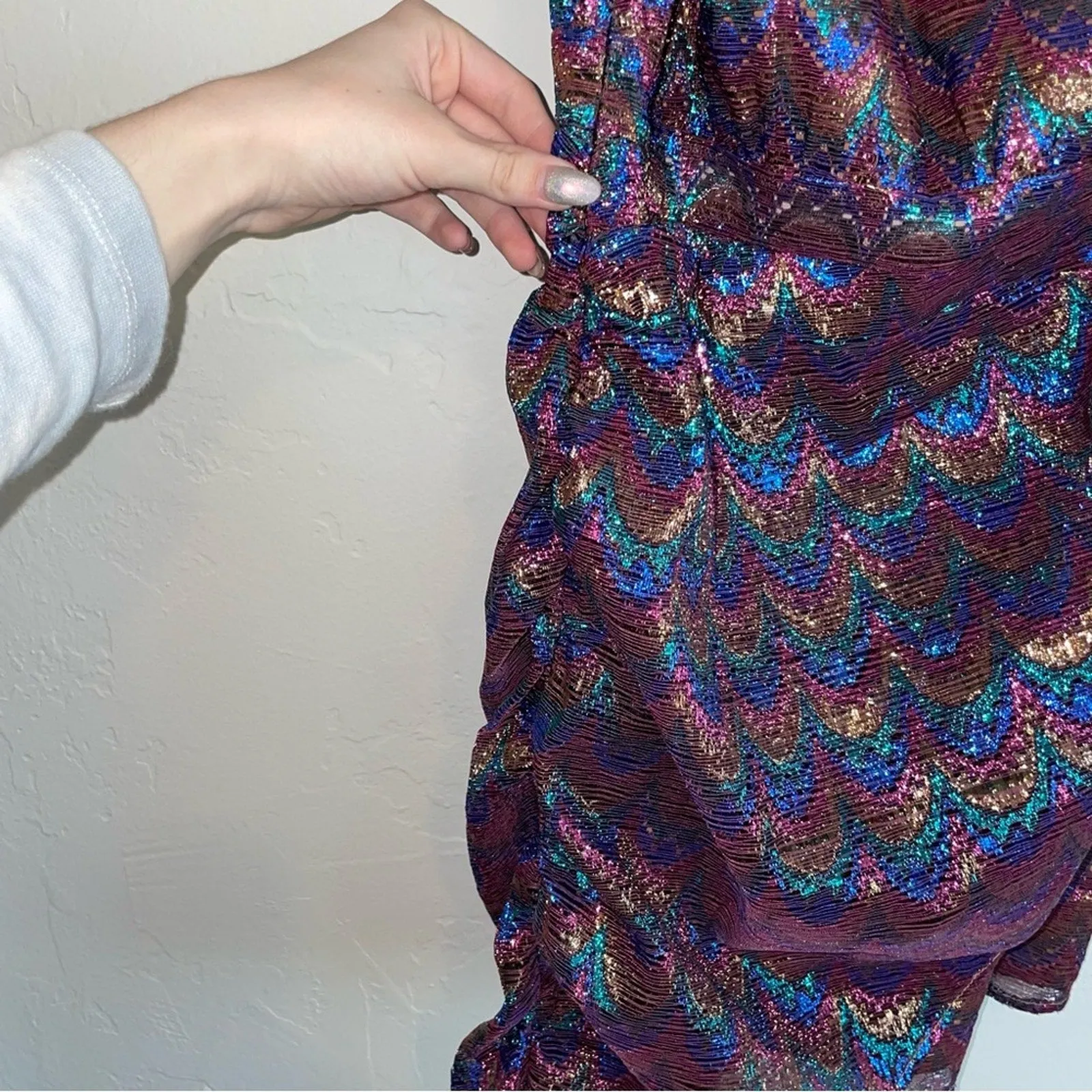 Song of Style Revolve One Shoulder Bow Metallic Rainbow Ruched Mini Dress