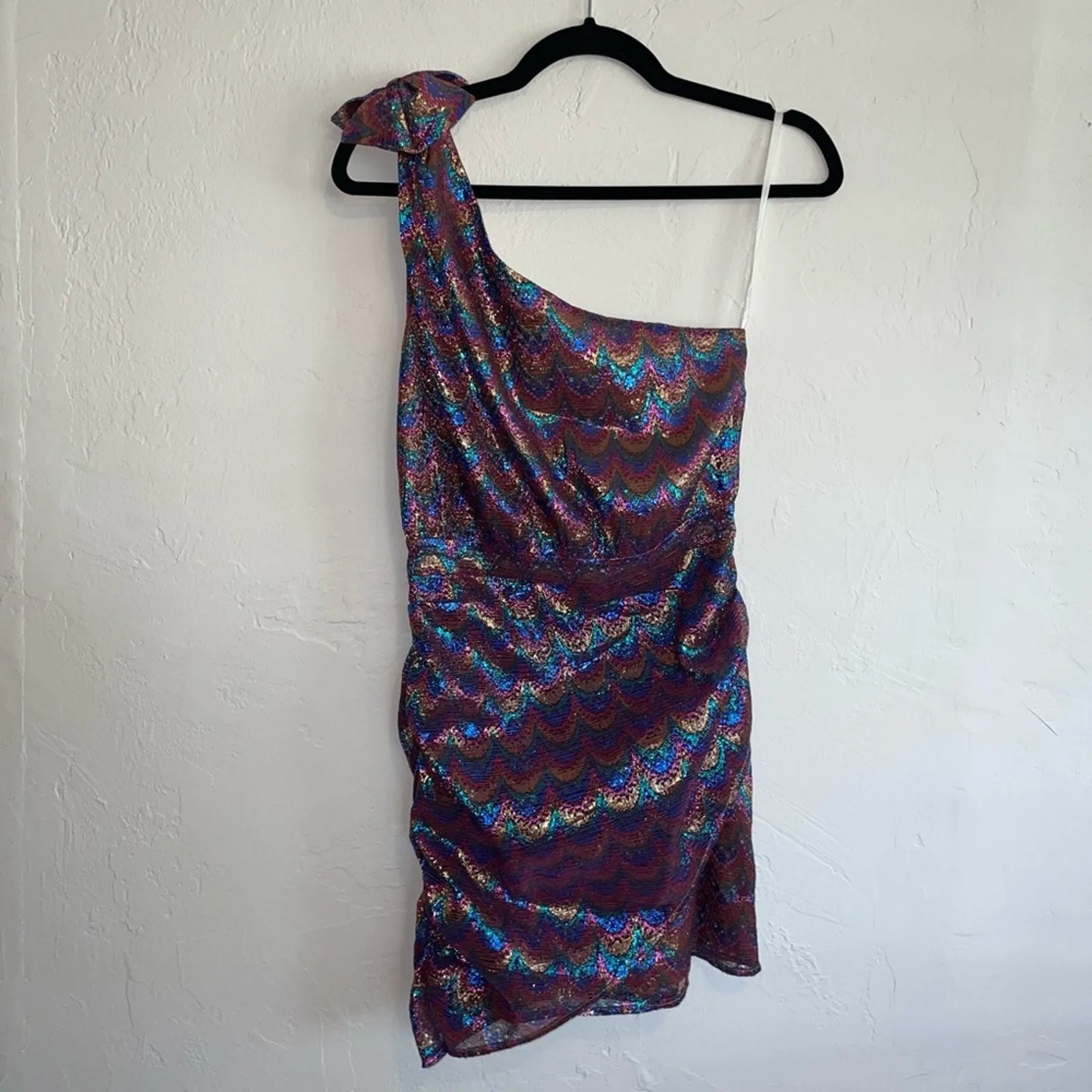 Song of Style Revolve One Shoulder Bow Metallic Rainbow Ruched Mini Dress