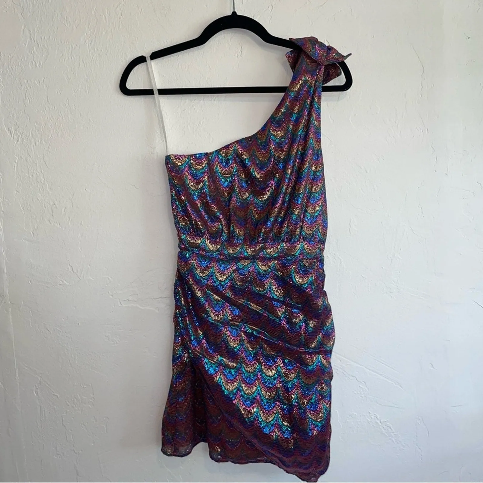 Song of Style Revolve One Shoulder Bow Metallic Rainbow Ruched Mini Dress