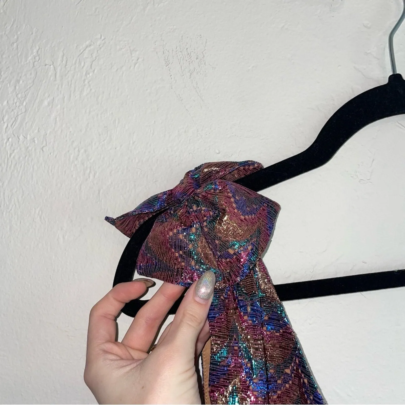 Song of Style Revolve One Shoulder Bow Metallic Rainbow Ruched Mini Dress