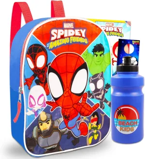 Spidey and Friends Mini Backpack Set - Bundle with 11" Spidey and His Amazing Friends Backpack Plus Tattoos, Water Bottle, More | Spiderman Mini Backpack Set