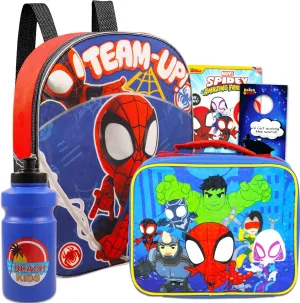 Spidey and His Amazing Friends Backpack and Lunch Bag Set - Bundle with 11" Mini Backpack, Lunch Box, Water Bottle, Temporary Tattoos | Toddler Spiderman Set