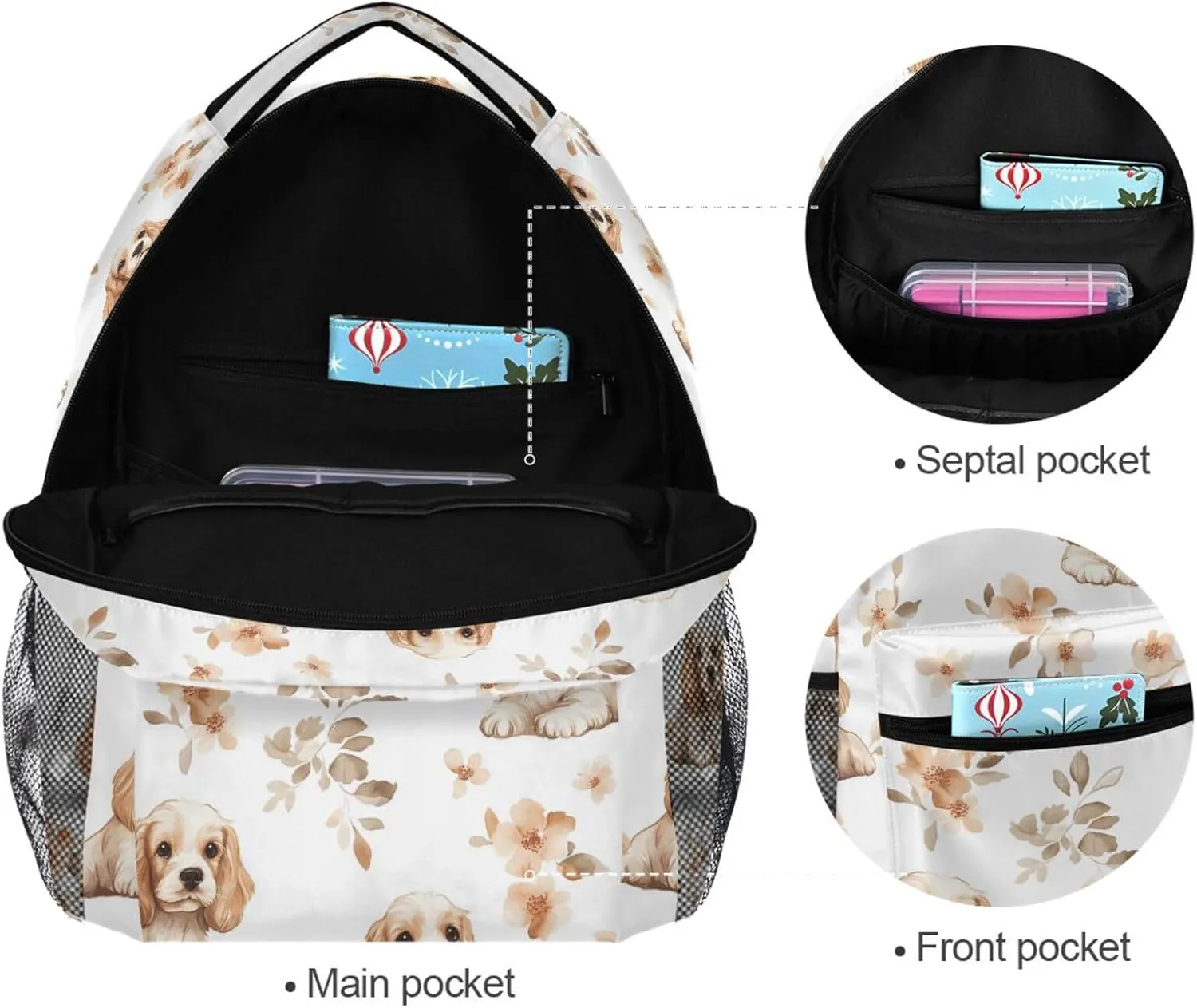 Sport Backpack for Unisex Adult Fashion Business Work Bag with Chest Strap for Business Work College Travel Trip Cartoon Cute Cocker Spaniel Dogs White