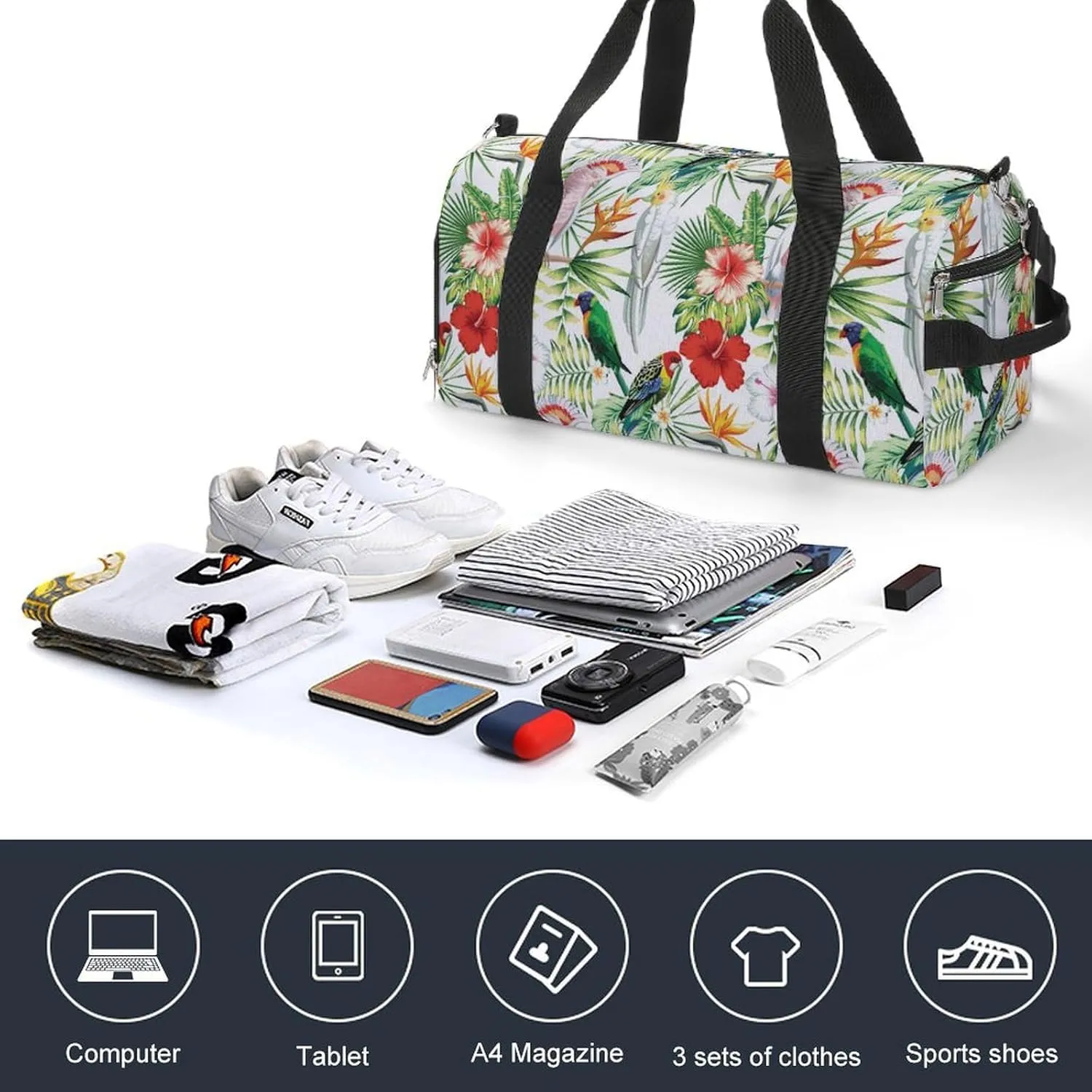Sport Gym Duffel with Shoe Compartment Wet Pocket, Tropic-exotic-birds-white Shoulder Travel Bag for Women Men, style-2