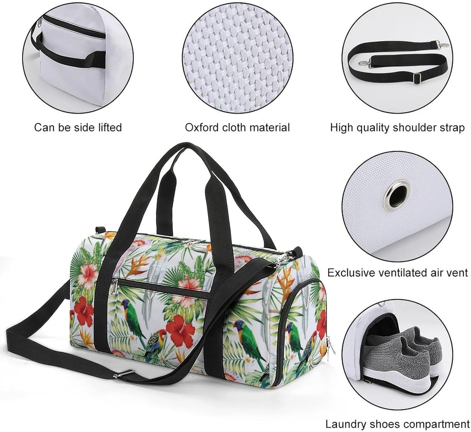 Sport Gym Duffel with Shoe Compartment Wet Pocket, Tropic-exotic-birds-white Shoulder Travel Bag for Women Men, style-2