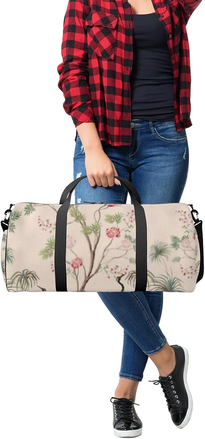 Sports Gym Bag for Women and Men Waterproof Exotic Vintage Rose Trees Palms Bird Pink Duffel Bag Lightweight Carryon Traveling Boarding Gripsack