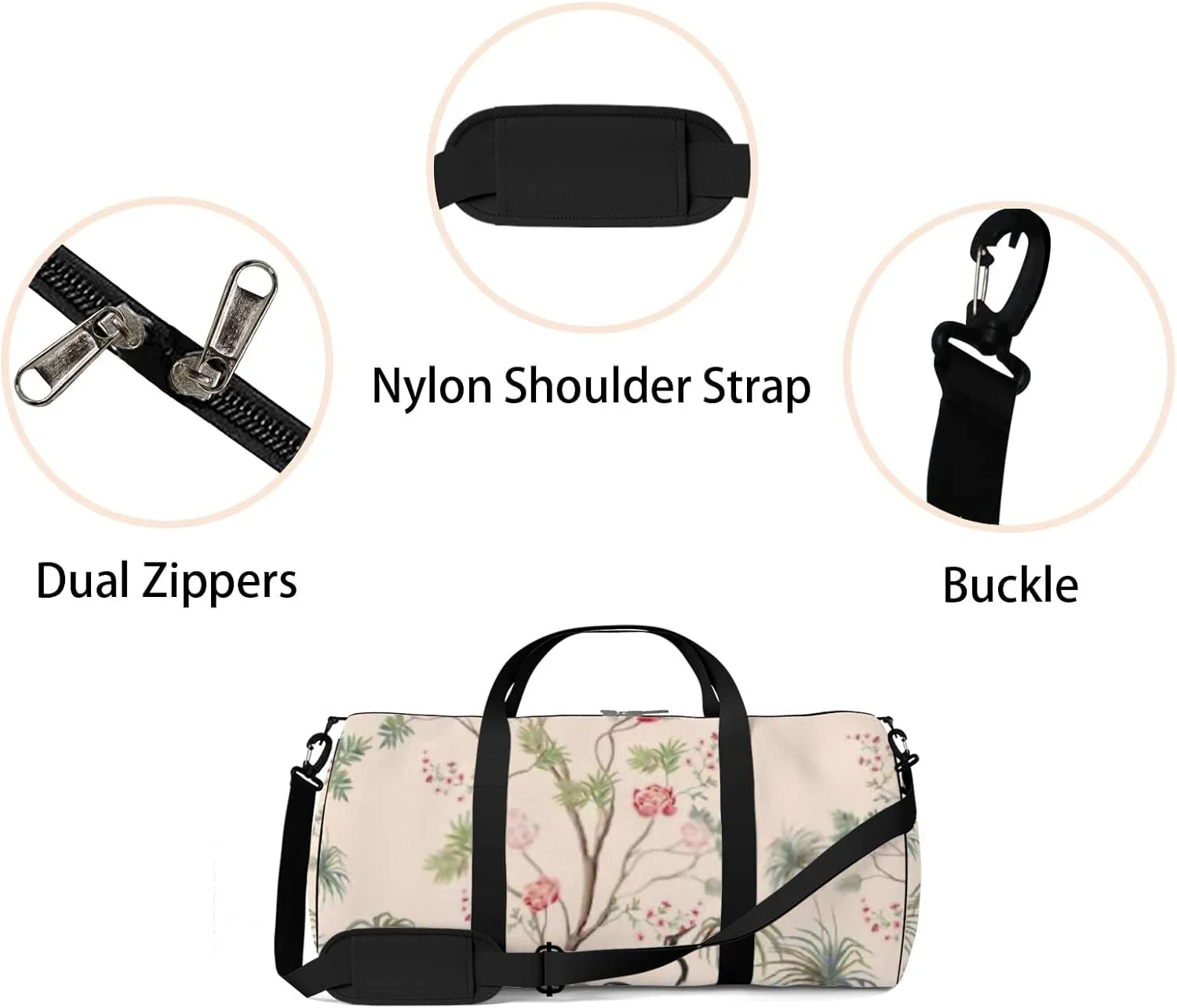 Sports Gym Bag for Women and Men Waterproof Exotic Vintage Rose Trees Palms Bird Pink Duffel Bag Lightweight Carryon Traveling Boarding Gripsack