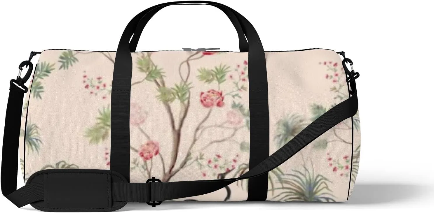 Sports Gym Bag for Women and Men Waterproof Exotic Vintage Rose Trees Palms Bird Pink Duffel Bag Lightweight Carryon Traveling Boarding Gripsack