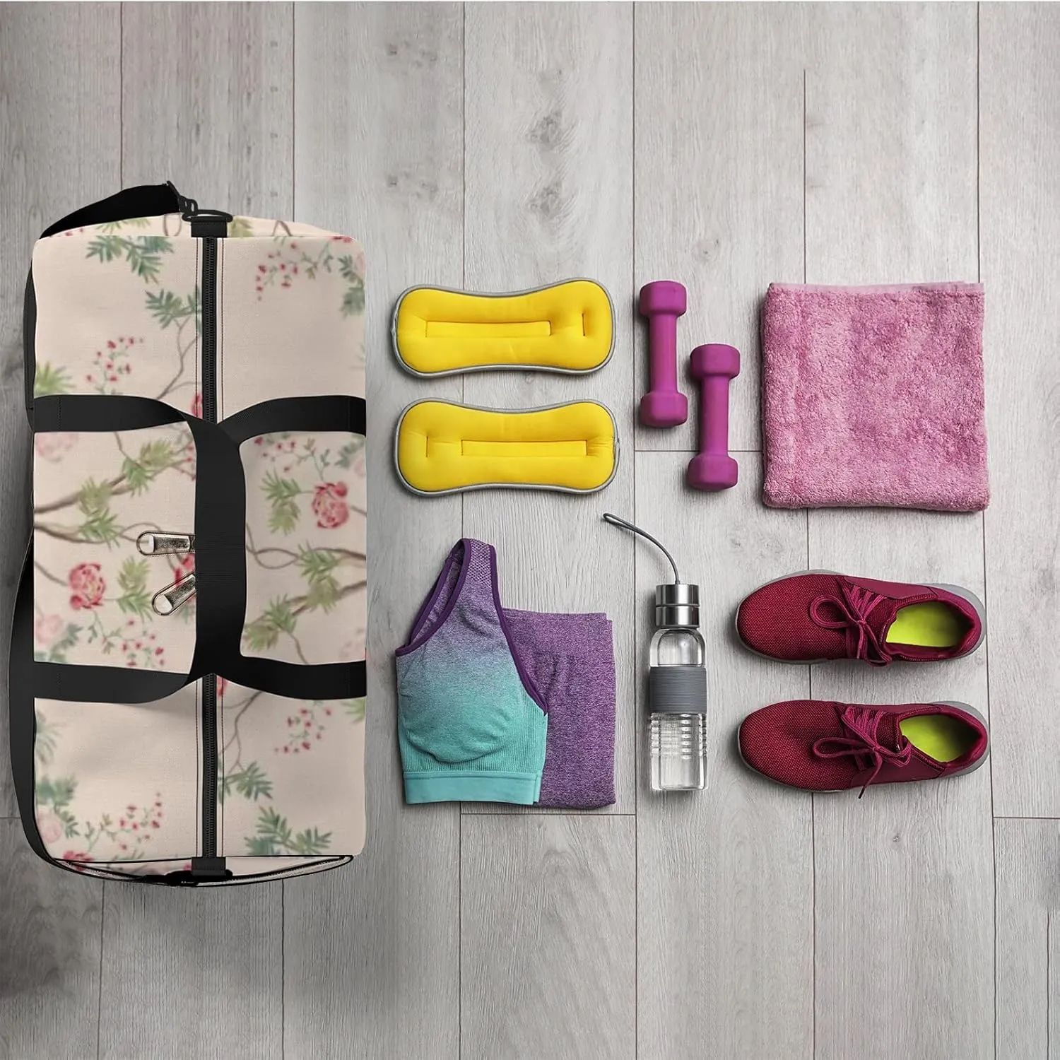 Sports Gym Bag for Women and Men Waterproof Exotic Vintage Rose Trees Palms Bird Pink Duffel Bag Lightweight Carryon Traveling Boarding Gripsack