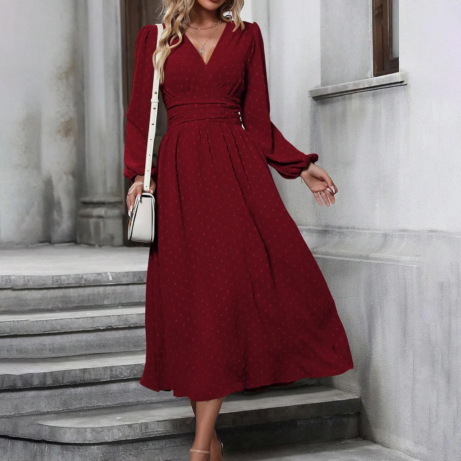 Spring Dresses for Women 2025 Long Sleeve Wedding Guest Dresses Formal Flowy Chiffon Swiss Dots Maxi Bohemian Dress
