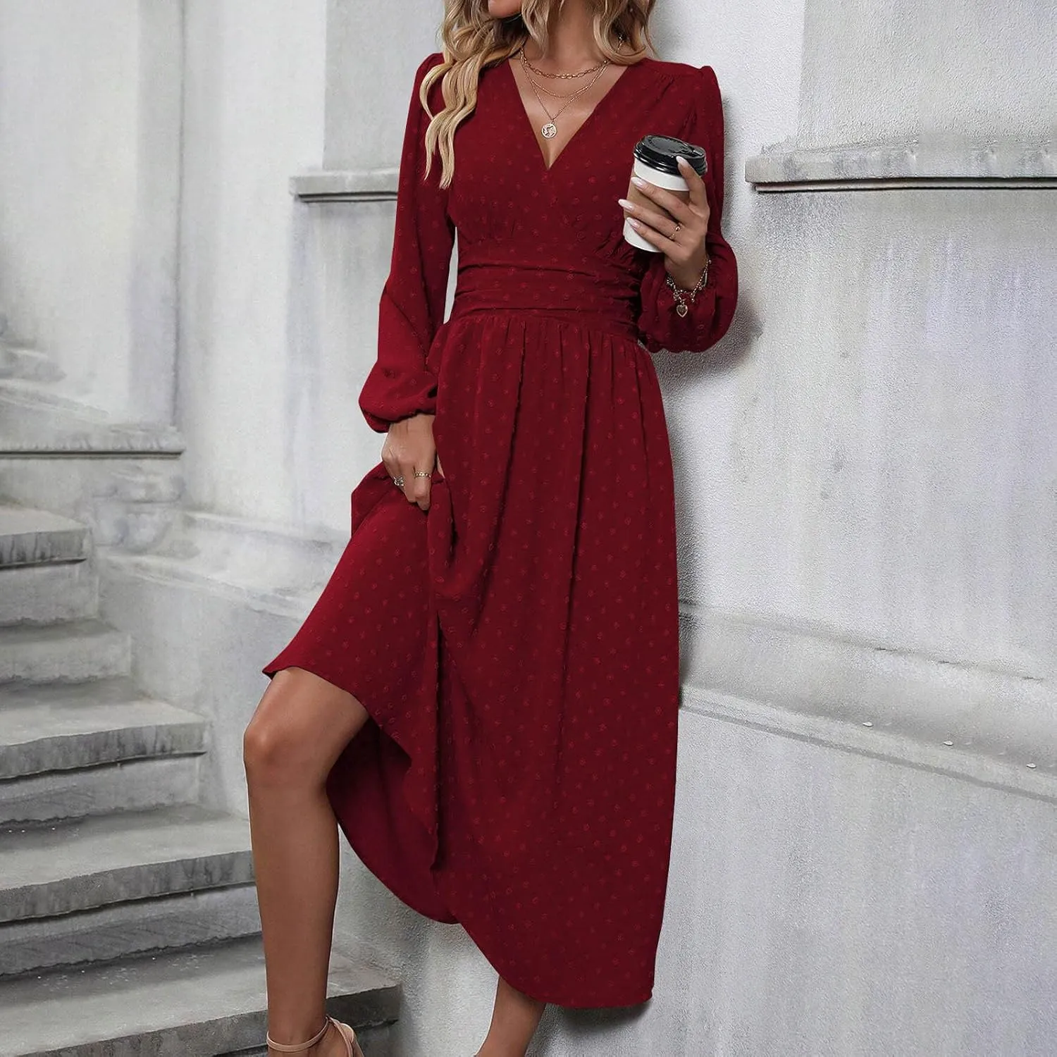 Spring Dresses for Women 2025 Long Sleeve Wedding Guest Dresses Formal Flowy Chiffon Swiss Dots Maxi Bohemian Dress